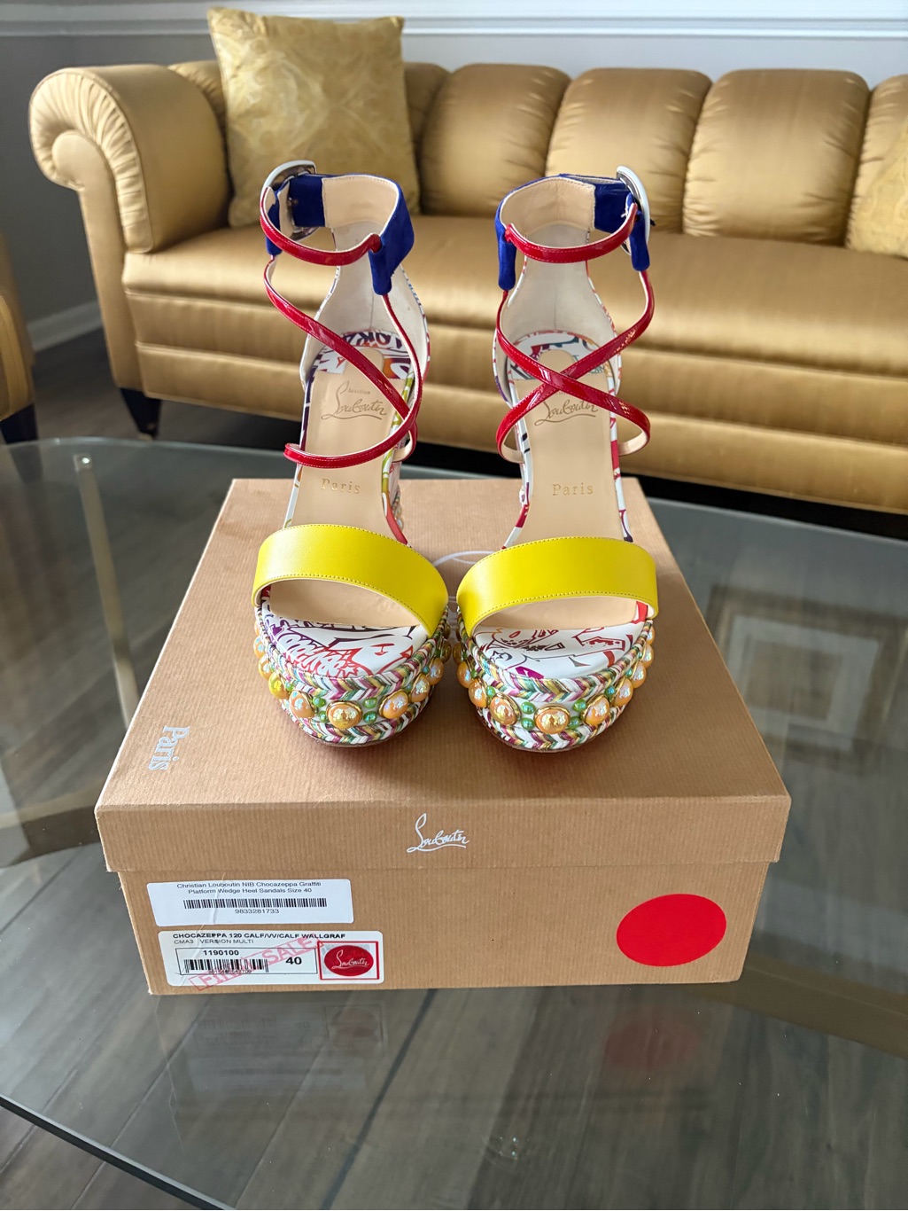 Christian Louboutin Yellow Multicolor Beaded Platform Sandals